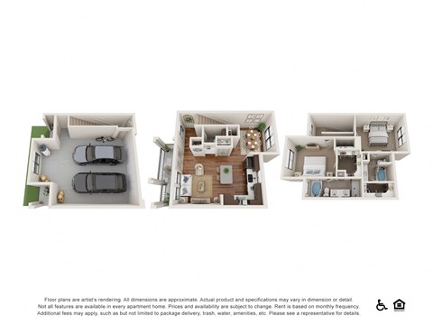 a bedroom with a bed and a chair a living room and a dining room with a table